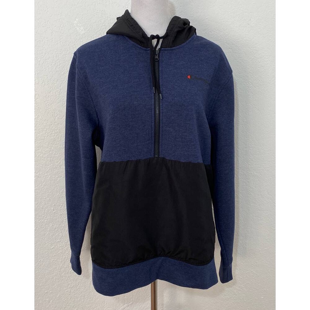 Champion Size L Black Navy Color Block Half Zip Hoodie Long Sleeve Athleisure